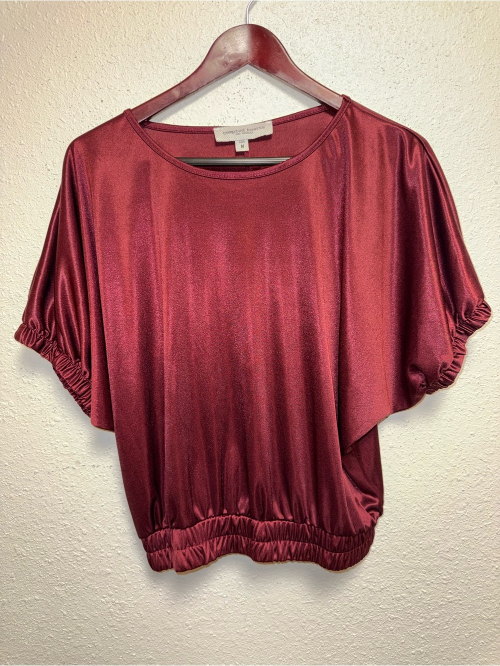 Tempted Hearts Satin Dolman Top - Burgundy